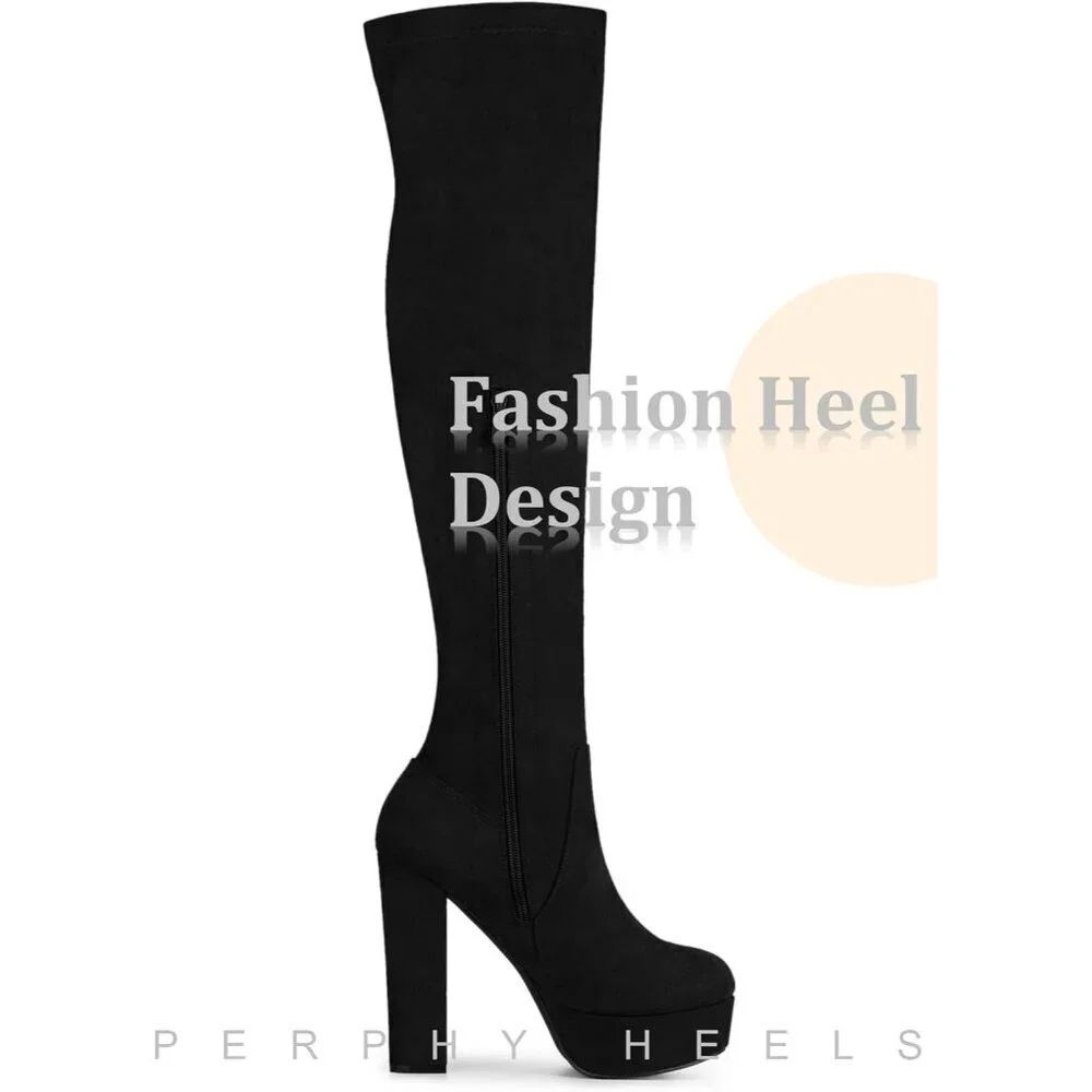Women Black Suede Chunky Heel Rounded Toe Over the Knee Thigh High Long Boots
